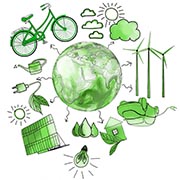 in grün. um die Weltkugel kreisen Fahrrad, Sonne, Windkrafträder, ein Haus, Elektroauto