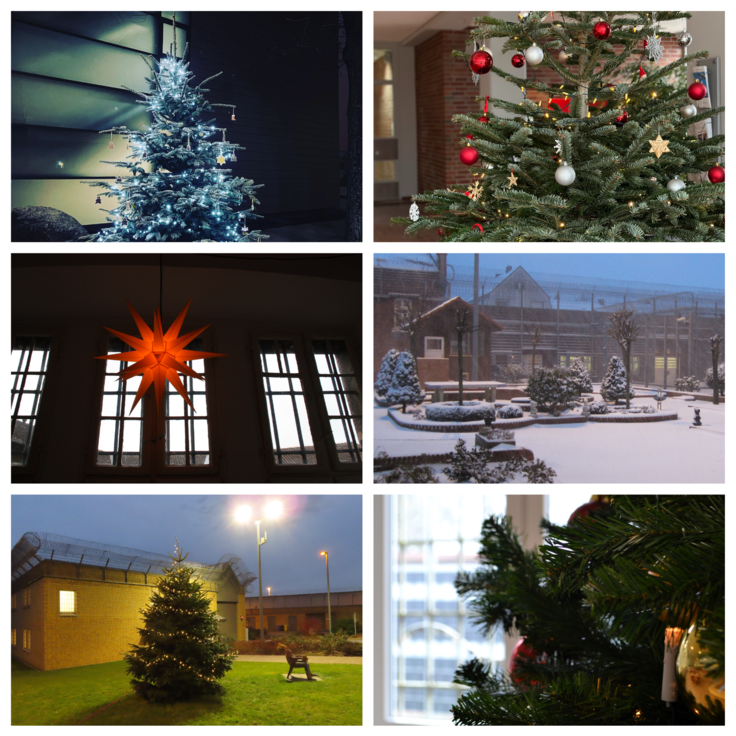 Das Bild zeigt weihnachtliche Motive aus niedersächsischen Vollzugseinrichtungen aus diesem und den letzten Jahren