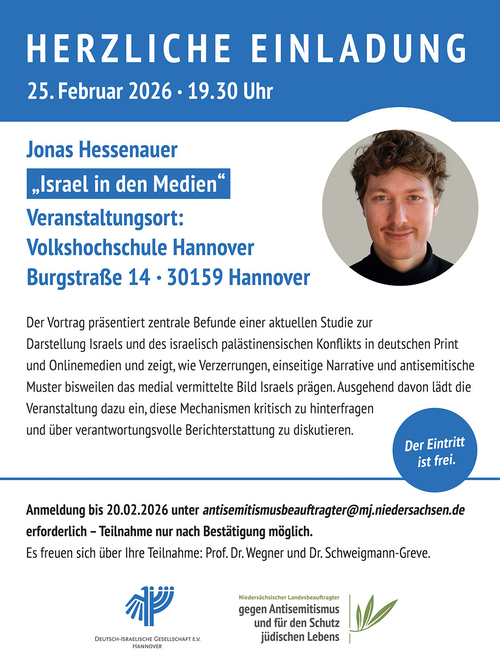 Einladung zum Vortrag "Israel in den Medien" am 25. Februar 2026, 19.30 Uhr