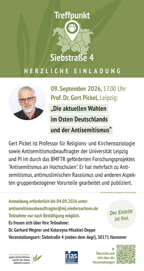 Einladung zum Vortrag von Prof. Dr. Gert, Pickel: "Die aktuellen Wahlen im Osten Deutschlands und der Antisemitismus" am 9. September 2026