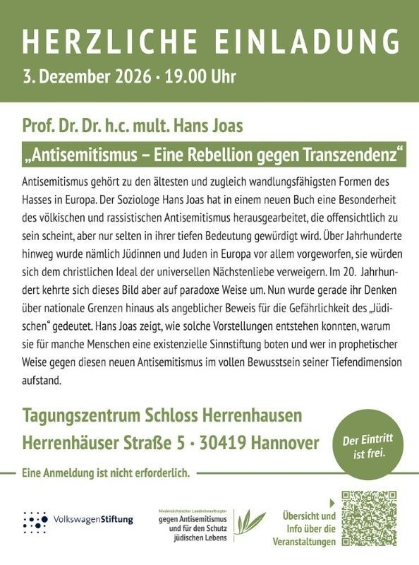Einladung zur Veranstaltung Prof. Dr. Dr. h.c. mult. Hans Joas: „Antisemitismus – Eine Rebellion gegen Transzendenz“